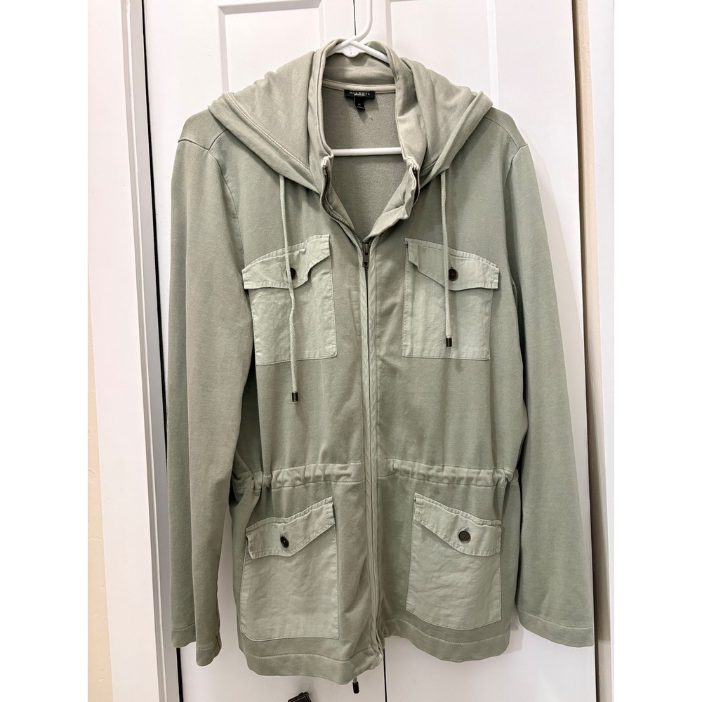Talbots Womens Sage Green French Terry Utility Jacket Hooded Cargo Size M